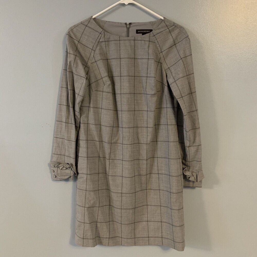 Banana Republic Long Sleeve Dress Grey Window Plaid Work Office Silk Size 0